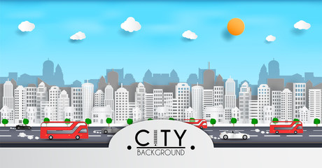 Vector paper cut and cityscape with buildings. and a house or village.and a magazine background.and traffic of cars within the city. and represents the city in Europe and used as an backdrop.