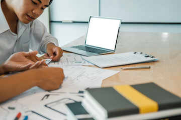 user experience UX designer designing web on smart phone layout. UI developer planning working on mobile application prototype