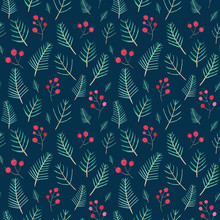 Seamless Pattern. Christmas Season Decorative Botanical Elements On Black Background. Watercolor Evergreen Ilex, Holly Plant Branches With Red Berries Wrapping Paper Design