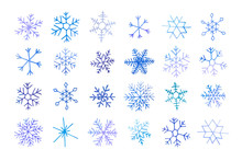 Collection Of Artistic Blue Snowflakes With Watercolor Texture. Stock Vector Set. Can Be Used For Printed Materials, Prints, Posters, Cards, Logo. Abstract Background. Hand Drawn Decorative Elements. 