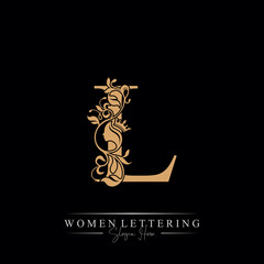 Initial letter Luxury L logo with beautiful woman portrait. Leaf Ornament Luxury glamour concept.