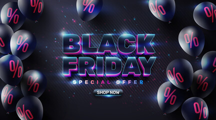 Black Friday Sale Poster with black balloons for Retail,Shopping or Black Friday Promotion in sparkling and neon light style.Vector illustration EPS10