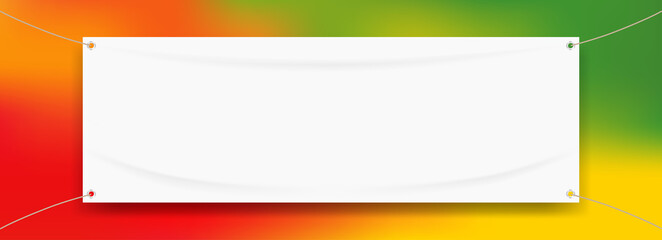 Wall Mural - vinyl banner blank white isolated on colorful art background, white mock up textile fabric empty for banner advertising stand hanging, indoor outdoor fabric vinyl on colored paint rainbow colors frame