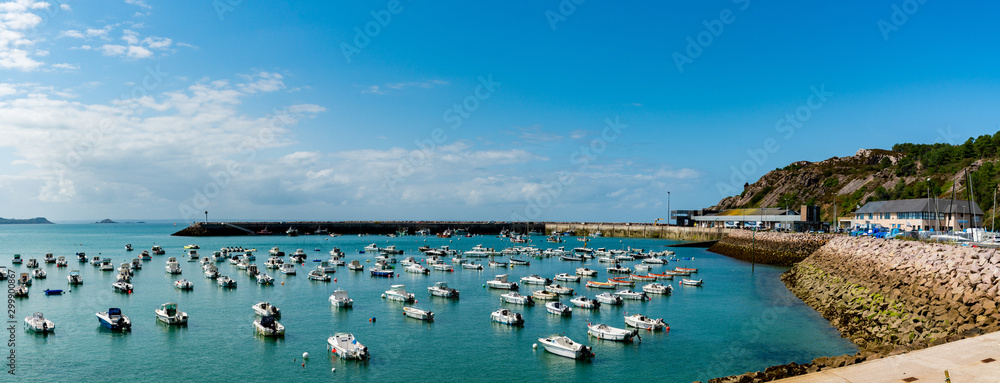 panorama view of the old port and harbor of Erquy in Brittany - obrazy, fototapety, plakaty 