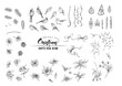 Winter birds, ribbons, Christmas decoration and wreath of spruce, poinsettia, dog rose, cowberry, cranberry, fir. Set of elements for design. Graphic drawing, engraving style. Vector illustration..