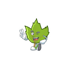 Wall Mural - cartoon green autumn leaves design mascot two finger.