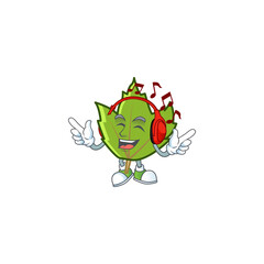 Sticker - green autumn leaves with listening music character on white background