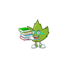 Sticker - cute green autumn leaves with mascot student bring book