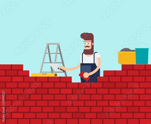 Cuadros en Lienzo Flat young man bricks stacker with equipment makes wall.