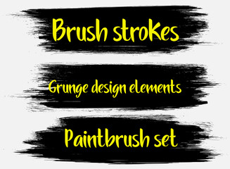 Poster - Brush strokes. Rectangle text boxes. Dirty distress texture banners. Ink splatters. Vector paintbrush set. Grunge design elements. Grungy painted objects.