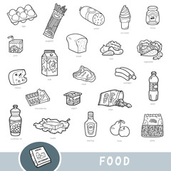 Black and white set of food, collection of vector items with names in English. Cartoon visual dictionary