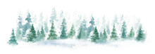 Landscape Of Foggy Evergreens Forest, Winter Hill. Wild Nature, Frozen, Misty, Taiga. Watercolor Background