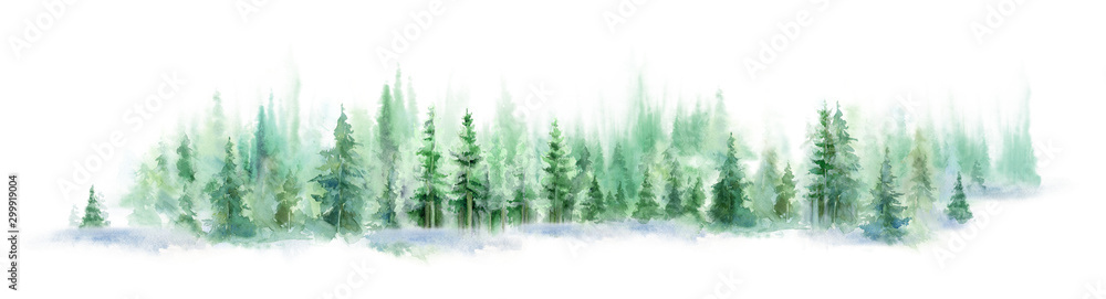 Landscape of foggy forest, winter hill. Wild nature, frozen, misty, taiga. watercolor background - obrazy, fototapety, plakaty 