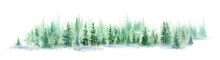 Landscape Of Foggy Forest, Winter Hill. Wild Nature, Frozen, Misty, Taiga. Watercolor Background