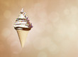 Highly detailed delicious ice cream chocolate and vanilla in a waffle cone Abstract colored background. Bokeh bubbles. 3d illustration