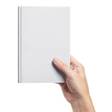 Hand Holding A Blank White Hard Cover Book, Isolated On White Background