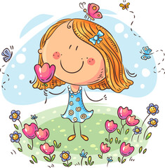 Leinwandbilder - Cartoon girl with flowers, can be used as a greeting card