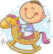 Little child riding a toy horse, colorful