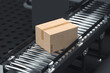 conveyer roller with blank cardboard box at factory in dark colors. 3d rendering.