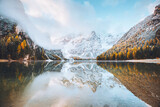 Fototapeta Natura - Calm alpine lake Braies. Location Dolomiti, Italian Alps, Europe.