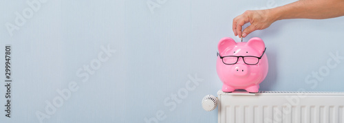 Cuadros en Lienzo Person Inserting The Coin In Piggybank Over The Radiator