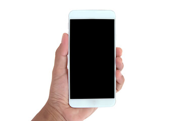 Hand holding smartphone with Blank white screen for make artwork advertisement template or brochure.