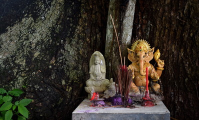 Wall Mural - Statues of Buddha and Ganesha on a shrine under a tree in Malaysia