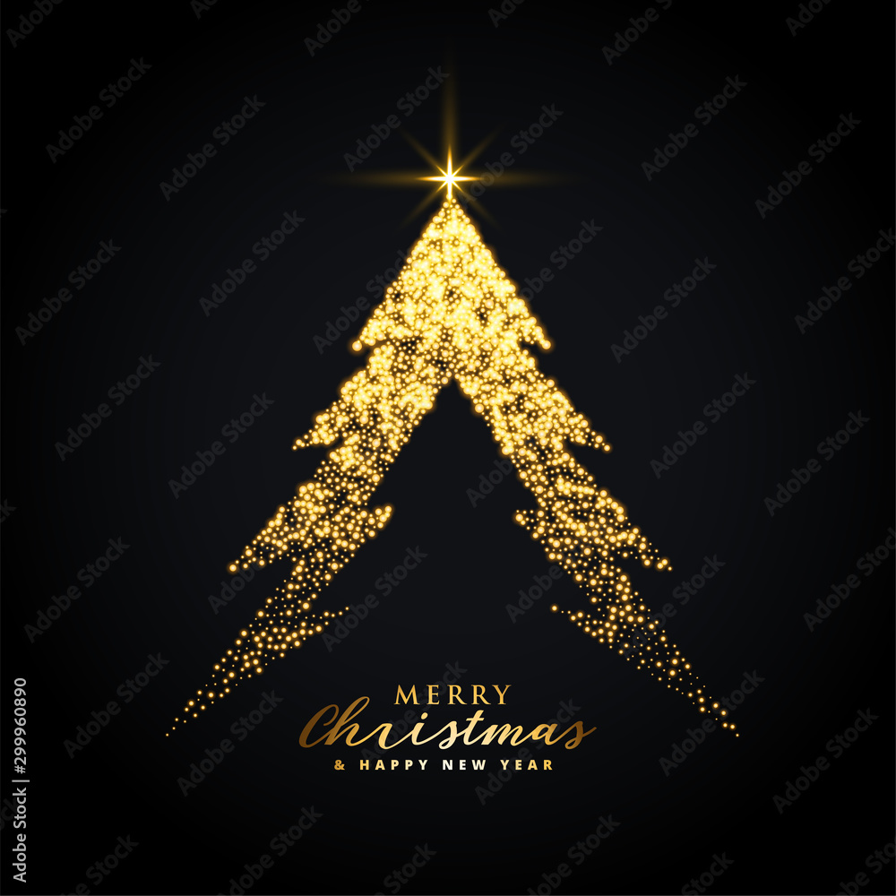 golden glowing merry christmas tree creative design - obrazy, fototapety, plakaty 