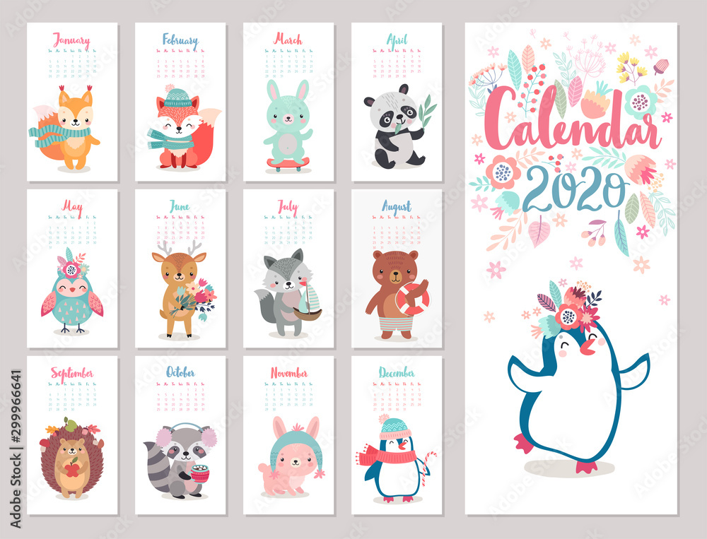 Calendar 2020 with Boho Woodland characters. Cute forest animals. - obrazy, fototapety, plakaty 