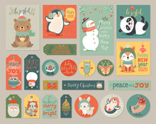 Christmas Cards And Gift Tags Set With Animals.