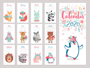 Fototapete - Calendar 2020 with Boho Woodland characters. Cute forest animals.