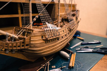The Manufacturing Process Of A Wooden Model Of An Old Sailing Ship