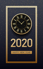 Wall Mural - Golden happy new year 2020 and clock with glitter on black color background
