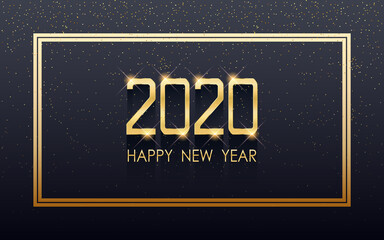 Wall Mural - Golden happy new year 2020 in square label with flowing glitter on black color background