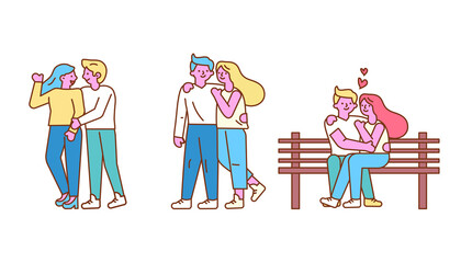 Wall Mural - Loving Couples. Young People in Love Spend Time Together. Hugging and Kissing on Bench. Flat design line style minimal vector illustration.