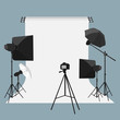 © kashurin - Vector flat style illustration of photo equipment in photography studio with lights and camera.