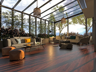 Loft style living room with nature view 3d rendering image.There are polished parquet floor and black steel structure.