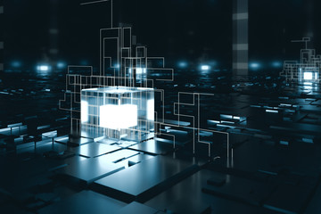 Glowing cubes with circuit lines with dark background, 3d rendering.