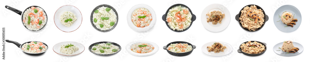 Collage with tasty risotto on white background - obrazy, fototapety, plakaty 