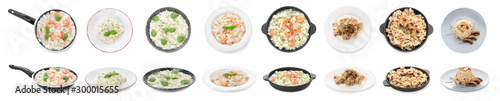 Fotografía Collage with tasty risotto on white background