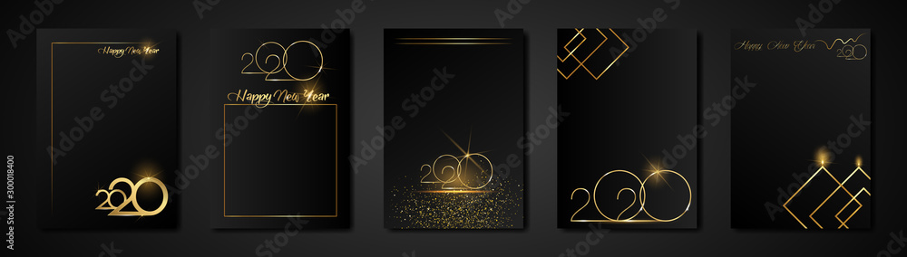 set cards 2020 Happy New Year gold texture, golden luxury black modern background, elements for calendar and greetings card or Christmas themed winter holiday invitations with geometric decorations - obrazy, fototapety, plakaty 