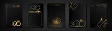 Set Cards 2020 Happy New Year Gold Texture, Golden Luxury Black Modern Background, Elements For Calendar And Greetings Card Or Christmas Themed Winter Holiday Invitations With Geometric Decorations