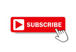 Red button subscribe of channel with hand cursor. Subscribe button in flat style. Label subscribe for video channel for website. vector