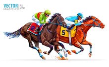 Two Racing Horses Competing With Each Other. Sport. Champion. Hippodrome. Racetrack. Equestrian. Derby. Speed. Isolated On White Background. Vector Illustration