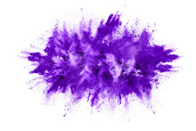 Powder Explosion. Closeup Of A Purple Dust Particle Explosion Isolated On White. Abstract Background.