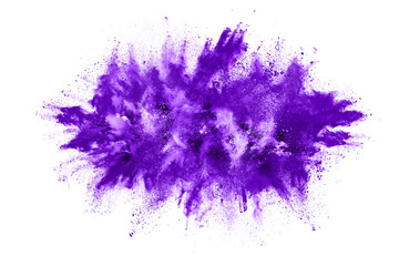 powder explosion. closeup of a purple dust particle explosion isolated on white. abstract background