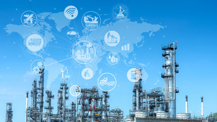 Wall Mural - Double exposure of engineer holding walkie talkie are working orders the oil and gas refinery plant. Industry petrochemical concept image and icon connecting networking using technology.