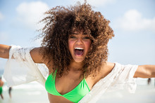 Black Afro Young Cute Girl, Curly Hair, Bikini, Beach. Afro American Summer Vacation Holiday.