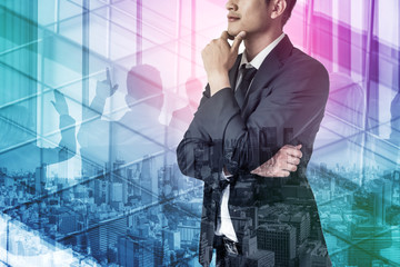 Wall Mural - Double Exposure Image of Success Business People on abstract modern city background. Future business and communication technology concept. Surreal futuristic multiple exposure graphic interface.