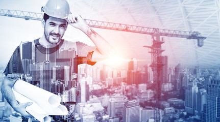 Future building construction engineering project concept with double exposure graphic design. Building engineer, architect people or construction worker working with modern civil equipment technology.